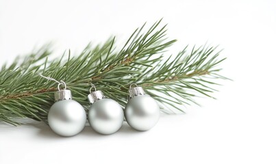 Close-up of a sprig of fir with three small silver ornaments, set against a white background