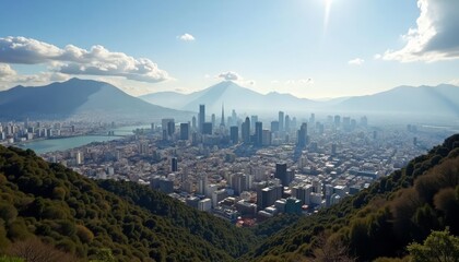  Elevated view of a bustling cityscape under a clear sky