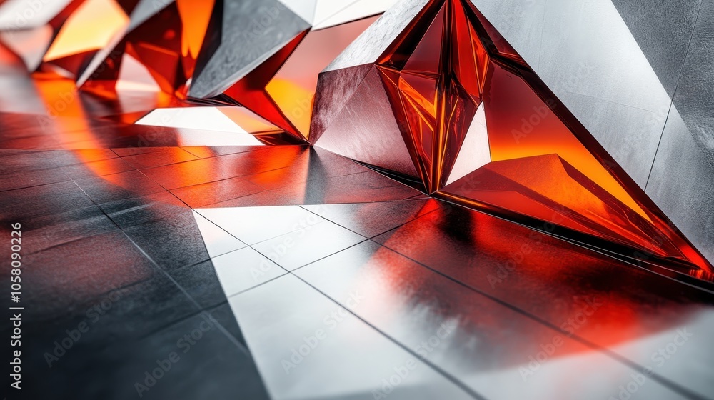 Poster abstract geometric background with red and grey shapes and reflections