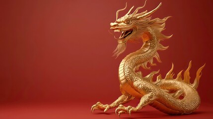 Obraz premium Golden Dragon on Red Background - 3D Render, Chinese Dragon, Mythical Creature, Dragon, 3D Model