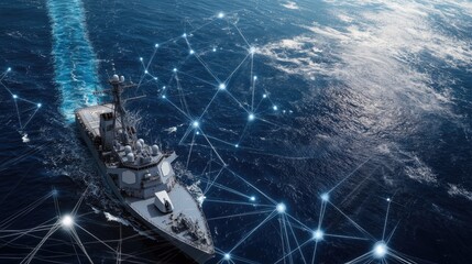 A contemporary naval vessel moves through tranquil seas amidst digital connections highlighting technological advancements in maritime warfare