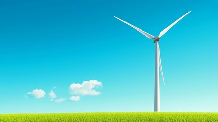 Fototapeta premium A scenic view of a wind turbine set against a clear blue sky, showcasing green grass. This image symbolizes renewable energy and sustainability in nature.