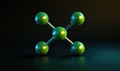 Detailed green hydrogen molecule, reflective blue and green highlights, against a dark gradient background