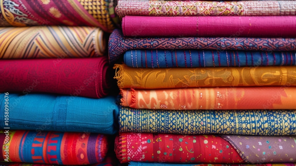 Poster a stack of fabric bolts neatly organized by color and texture waiting to be transformed into costume
