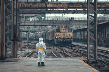 Fototapeta premium Industrial infrastructure with worker in protective suit observing train, railway safety, urban industry concept
