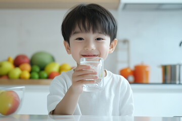 Smiling Boy Drinking Clear Glass of Water in Kitchen, Surrounded by Assorted Fresh Fruits on Counter, Healthy Lifestyle Concept