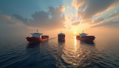 Naklejka premium Sunset seascape with three cargo ships