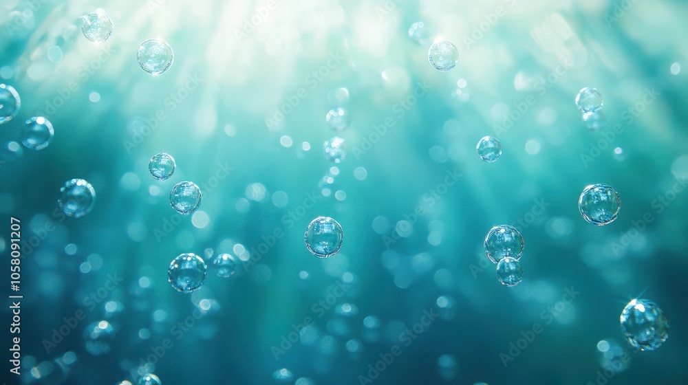 Poster abstract blue background with floating bubbles and bokeh lights.
