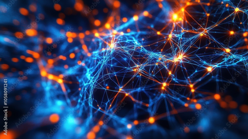 Poster abstract blue and orange network connection with glowing points - technology background