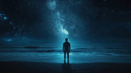 Silhouette of man gazing at starry night sky on beach