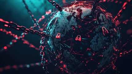 Global Network Security Concept with Earth, Chains, and Padlocks in Red and Blue Lighting.