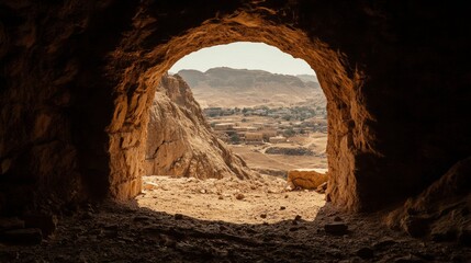 A cave with a view of a desert and a town