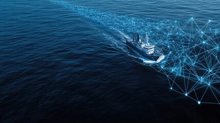 A contemporary naval vessel moves through tranquil seas amidst digital connections highlighting technological advancements in maritime warfare