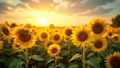 Fototapeta premium Sunflower field at sunrise symbolizing hope and happiness