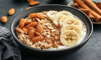 Obraz premium Granola bowl with yogurt, sliced bananas, almonds, and a sprinkle of cinnamon, served on a dark plate