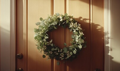 Green eucalyptus wreath with small white flowers, hanging on a light wood door