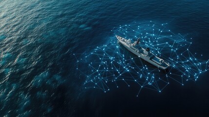 A contemporary naval vessel moves through tranquil seas amidst digital connections highlighting technological advancements in maritime warfare
