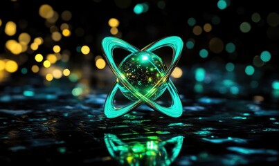 Green hydrogen atom, reflective green and cyan hues, floating in a black environment with glowing particles