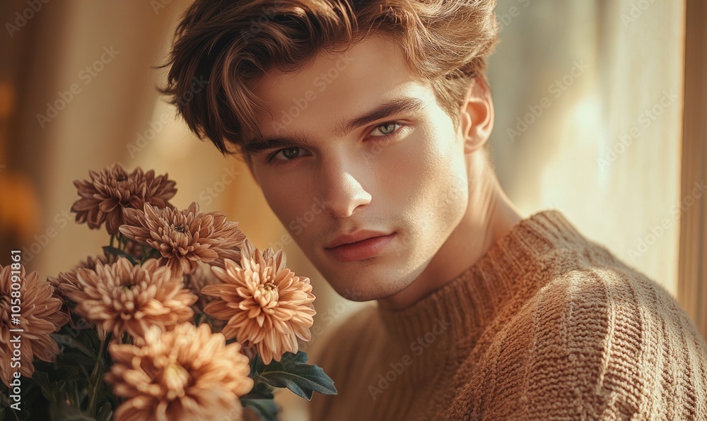 Wall mural Closeup portrait of a young man with chestnut brown hair, holding brown chrysanthemums