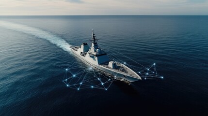 A contemporary naval vessel moves through tranquil seas amidst digital connections highlighting technological advancements in maritime warfare