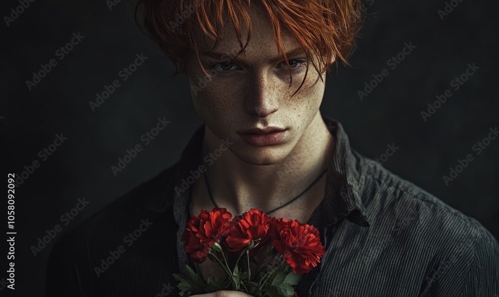 Sticker Closeup portrait of a young man with rich red hair, holding red carnations