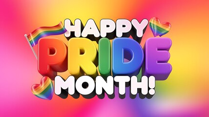 Fototapeta premium Happy Pride Month 3D Text with Rainbow Hearts and Flag