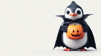 Fototapeta premium Cute Penguin in Vampire Costume Holding a Jack-o'-Lantern Pumpkin