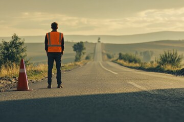 Fototapeta premium Worker wearing bright safety vest standing on deserted countryside road with traffic cone at sunrise, reflective concept