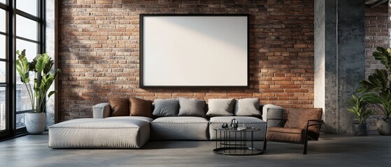 Fototapeta premium Modern Living Room Interior Design with Brick Wall, Large Picture Frame, Sectional Sofa and Armchair.