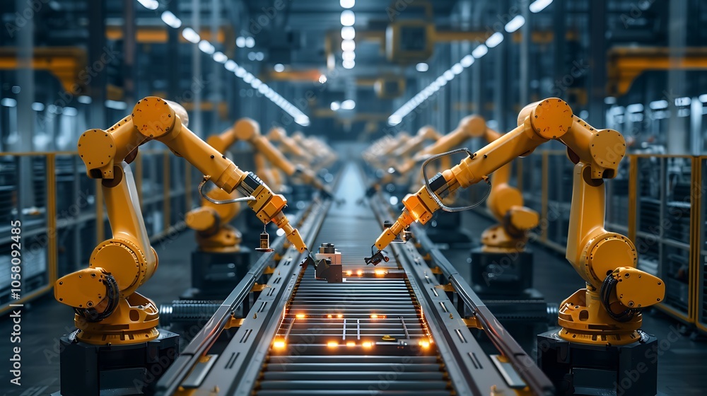 Poster A modern factory equipped with robotic arms working along assembly lines, showcasing automation and advanced manufacturing technology.