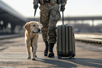 Loyal Golden Retriever Assisting Soldier with Luggage at Train Station, Security and Service Dog Concept