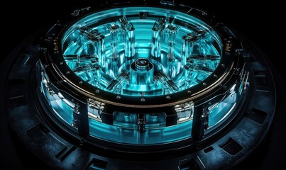 Obraz premium Energy cell representing green hydrogen, silver and neon green reflections