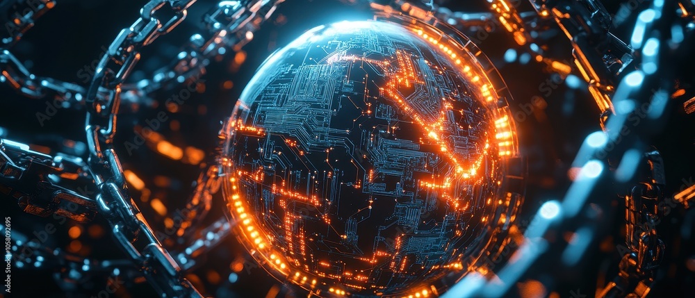 Poster abstract futuristic sphere with circuit board pattern and glowing lights surrounded by chains.