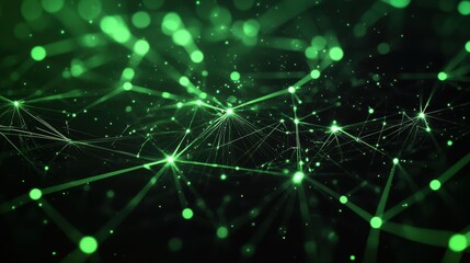 Abstract Green Network Background with Glowing Lines and Bokeh Lights.