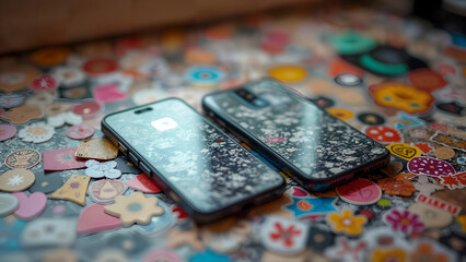 Fototapeta premium The Intersection of Art and Technology: A Creative Display of Modern Cell Phones Decorated with Vibrant Stickers