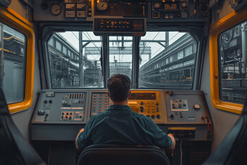 Operator in train cockpit reviews control panel during transport routine, showcasing railway operation, transport industry concept