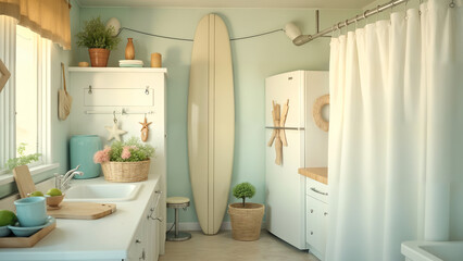 A Beach Vibe at Home: A Colorful Kitchen Featuring a Surfboard and Quirky Decor for a Nautical Charm