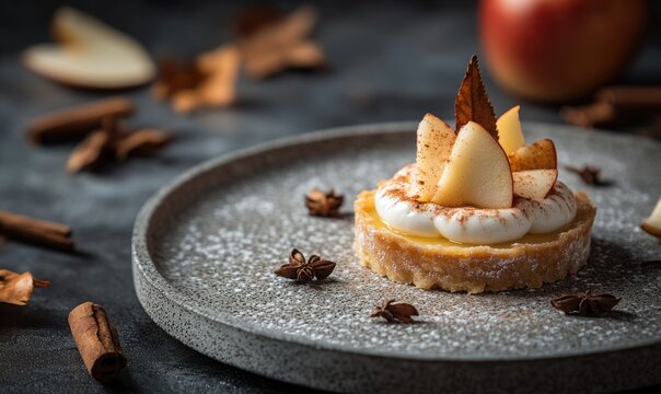 Mini apple tart with yogurt drizzle, cinnamon, and apple slices on a stone plate - Powered by Adobe