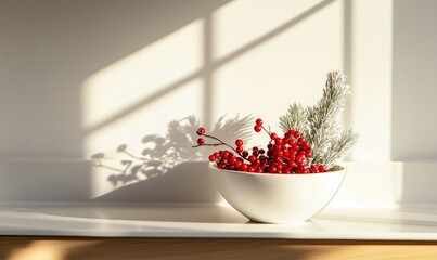 Minimalist holiday scene with a single red ornament and a green fir sprig on a white table