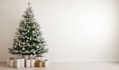 Minimalist living room with a festive Christmas tree in white and silver tones, a few neatly wrapped gifts under the tree