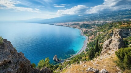 Obraz premium Serene Coastal Landscape with Azure Waters and Mountains