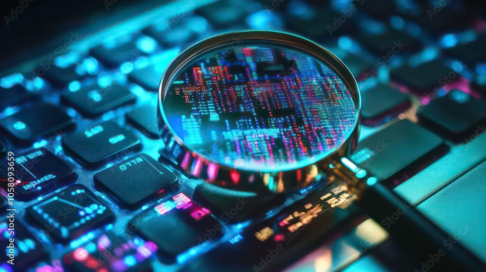 Poster a magnifying glass over a computer keyboard, focusing on a colorful code, highlighting the concept o