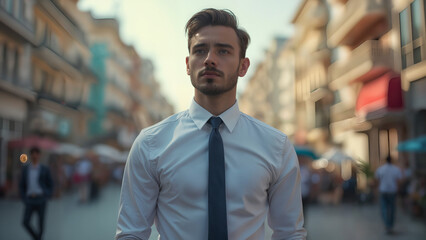Fototapeta premium Professional Elegance: A Man Dressed in a Sharp Tie Against a Vibrant Urban Backdrop