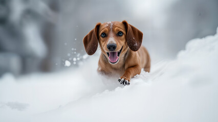 Winter Playfulness: A Whimsical Wiener Dog Navigating a Joyful Snowy Slope