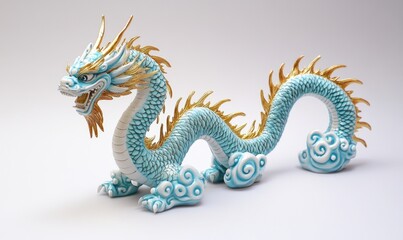 Fototapeta premium Radiant turquoise and gold Chinese dragon on a white background