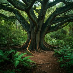 Obraz premium Ancient forest with massive tree roots winding through the forest floor