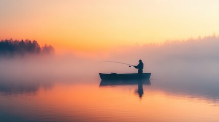 Silhouette of a Fisherman in a Boat on a Misty Lake at Sunset.