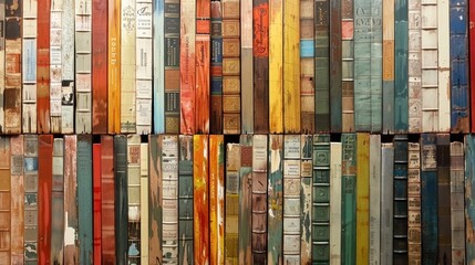 A wall covered in book spines each representing a different literary genre or time period.