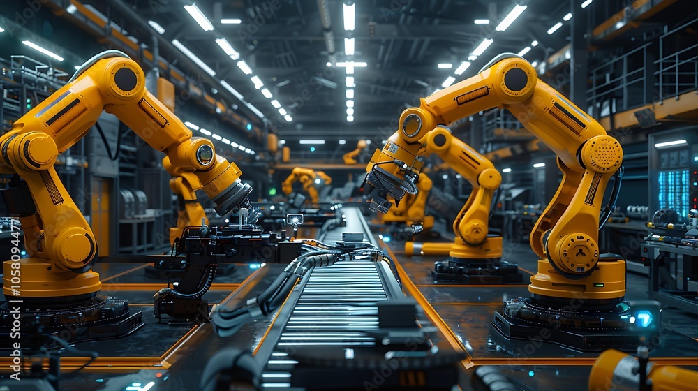 Poster A futuristic industrial scene featuring automated robotic arms working on an assembly line in a well-lit factory setting.