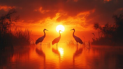 Naklejka premium Three cranes stand in a lake at sunrise, silhouetted against the bright orange sky.
